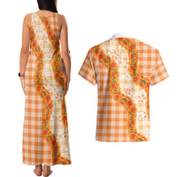 Orange Hawaii Palaka Couples Matching Tank Maxi Dress and Hawaiian Shirt Hawaiian Ilima Lei