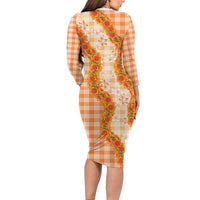 Orange Hawaii Palaka Family Matching Long Sleeve Bodycon Dress and Hawaiian Shirt Hawaiian Ilima Lei LT05 - Polynesian Pride