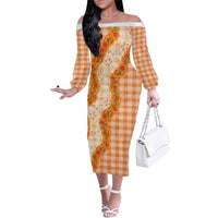 Orange Hawaii Palaka Family Matching Off The Shoulder Long Sleeve Dress and Hawaiian Shirt Hawaiian Ilima Lei LT05 Mom's Dress Orange - Polynesian Pride