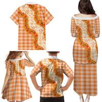Orange Hawaii Palaka Family Matching Puletasi and Hawaiian Shirt Hawaiian Ilima Lei