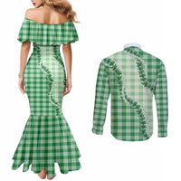 Green Hawaii Palaka Couples Matching Mermaid Dress and Long Sleeve Button Shirt Hawaiian Pikake Lei