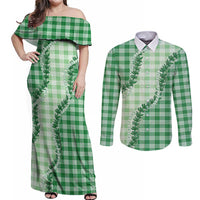 Green Hawaii Palaka Couples Matching Off Shoulder Maxi Dress and Long Sleeve Button Shirt Hawaiian Pikake Lei