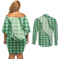 Green Hawaii Palaka Couples Matching Off Shoulder Short Dress and Long Sleeve Button Shirt Hawaiian Pikake Lei
