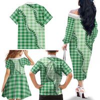 Green Hawaii Palaka Family Matching Off The Shoulder Long Sleeve Dress and Hawaiian Shirt Hawaiian Pikake Lei LT05 - Polynesian Pride