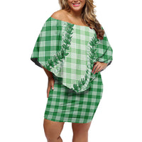 Green Hawaii Palaka Family Matching Off Shoulder Short Dress and Hawaiian Shirt Hawaiian Pikake Lei LT05 Mom's Dress Green - Polynesian Pride
