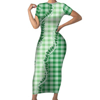 Green Hawaii Palaka Short Sleeve Bodycon Dress Hawaiian Pikake Lei