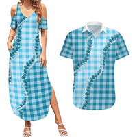 Blue Hawaii Palaka Couples Matching Summer Maxi Dress and Hawaiian Shirt Hawaiian Pikake Lei