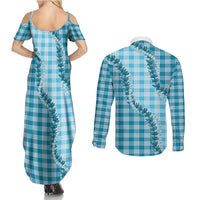 Blue Hawaii Palaka Couples Matching Summer Maxi Dress and Long Sleeve Button Shirt Hawaiian Pikake Lei