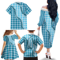 Blue Hawaii Palaka Family Matching Off The Shoulder Long Sleeve Dress and Hawaiian Shirt Hawaiian Pikake Lei LT05 - Polynesian Pride