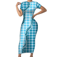 Blue Hawaii Palaka Family Matching Short Sleeve Bodycon Dress and Hawaiian Shirt Hawaiian Pikake Lei LT05 Mom's Dress Blue - Polynesian Pride