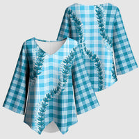 Blue Hawaii Palaka Kimono Sleeve Blouse Hawaiian Pikake Lei