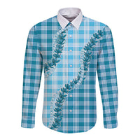 Blue Hawaii Palaka Long Sleeve Button Shirt Hawaiian Pikake Lei