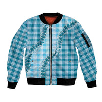 Blue Hawaii Palaka Sleeve Zip Bomber Jacket Hawaiian Pikake Lei