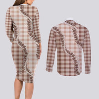 Beige Hawaii Palaka Couples Matching Long Sleeve Bodycon Dress and Long Sleeve Button Shirt Hawaiian Pikake Lei