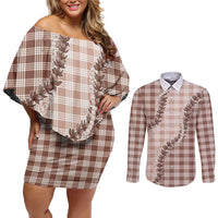 Beige Hawaii Palaka Couples Matching Off Shoulder Short Dress and Long Sleeve Button Shirt Hawaiian Pikake Lei