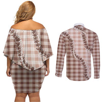 Beige Hawaii Palaka Couples Matching Off Shoulder Short Dress and Long Sleeve Button Shirt Hawaiian Pikake Lei