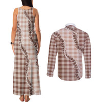 Beige Hawaii Palaka Couples Matching Tank Maxi Dress and Long Sleeve Button Shirt Hawaiian Pikake Lei