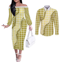 Yellow Hawaii Palaka Couples Matching Off The Shoulder Long Sleeve Dress and Long Sleeve Button Shirt Hawaiian Pikake Lei