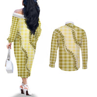 Yellow Hawaii Palaka Couples Matching Off The Shoulder Long Sleeve Dress and Long Sleeve Button Shirt Hawaiian Pikake Lei