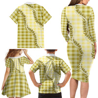 Yellow Hawaii Palaka Family Matching Long Sleeve Bodycon Dress and Hawaiian Shirt Hawaiian Pikake Lei LT05 - Polynesian Pride