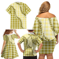 Yellow Hawaii Palaka Family Matching Off Shoulder Short Dress and Hawaiian Shirt Hawaiian Pikake Lei LT05 - Polynesian Pride