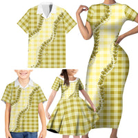 Yellow Hawaii Palaka Family Matching Short Sleeve Bodycon Dress and Hawaiian Shirt Hawaiian Pikake Lei LT05 - Polynesian Pride