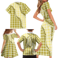 Yellow Hawaii Palaka Family Matching Short Sleeve Bodycon Dress and Hawaiian Shirt Hawaiian Pikake Lei LT05 - Polynesian Pride