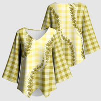 Yellow Hawaii Palaka Kimono Sleeve Blouse Hawaiian Pikake Lei