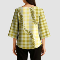 Yellow Hawaii Palaka Kimono Sleeve Blouse Hawaiian Pikake Lei