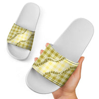 Yellow Hawaii Palaka Slide Sandals Hawaiian Pikake Lei