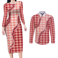 Red Hawaii Palaka Couples Matching Long Sleeve Bodycon Dress and Long Sleeve Button Shirt Hawaiian Pikake Lei