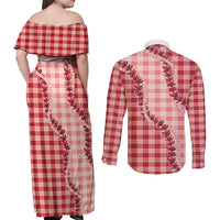 Red Hawaii Palaka Couples Matching Off Shoulder Maxi Dress and Long Sleeve Button Shirt Hawaiian Pikake Lei