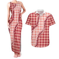 Red Hawaii Palaka Couples Matching Tank Maxi Dress and Hawaiian Shirt Hawaiian Pikake Lei