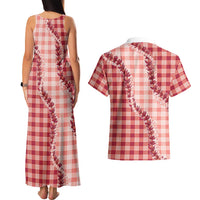 Red Hawaii Palaka Couples Matching Tank Maxi Dress and Hawaiian Shirt Hawaiian Pikake Lei
