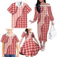 Red Hawaii Palaka Family Matching Off The Shoulder Long Sleeve Dress and Hawaiian Shirt Hawaiian Pikake Lei LT05 - Polynesian Pride