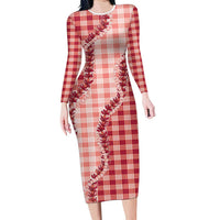 Red Hawaii Palaka Long Sleeve Bodycon Dress Hawaiian Pikake Lei