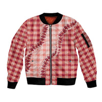 Red Hawaii Palaka Sleeve Zip Bomber Jacket Hawaiian Pikake Lei