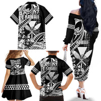 Hawaii Maui Upena Kiloi Family Matching Off The Shoulder Long Sleeve Dress and Hawaiian Shirt Kakau Tribal Pattern Black Version LT05 - Polynesian Pride