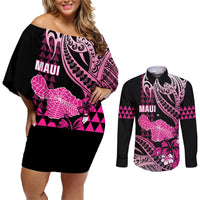 Hawaii Maui Upena Kiloi Couples Matching Off Shoulder Short Dress and Long Sleeve Button Shirt Kakau Tribal Pattern Pink Version LT05 Pink - Polynesian Pride