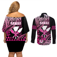 Hawaii Maui Upena Kiloi Couples Matching Off Shoulder Short Dress and Long Sleeve Button Shirt Kakau Tribal Pattern Pink Version LT05 - Polynesian Pride