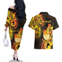 Personalised Kiribati Independence Day Couples Matching Off The Shoulder Long Sleeve Dress and Hawaiian Shirt 46th Anniversary
