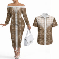 Beige Hawaii Paniolo Quilt Motif Couples Matching Off The Shoulder Long Sleeve Dress and Hawaiian Shirt LT05 Beige - Polynesian Pride