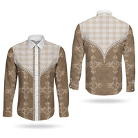 Beige Hawaii Paniolo Quilt Motif Couples Matching Puletasi and Long Sleeve Button Shirt LT05 - Polynesian Pride