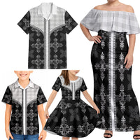 Black Hawaii Paniolo Quilt Motif Family Matching Off Shoulder Maxi Dress and Hawaiian Shirt LT05 - Polynesian Pride