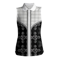 Black Hawaii Paniolo Quilt Motif Women Sleeveless Polo Shirt LT05 Female Black - Polynesian Pride