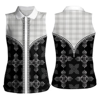 Black Hawaii Paniolo Quilt Motif Women Sleeveless Polo Shirt LT05 - Polynesian Pride
