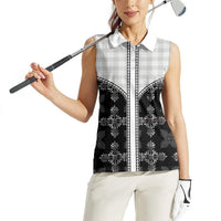 Black Hawaii Paniolo Quilt Motif Women Sleeveless Polo Shirt LT05 - Polynesian Pride