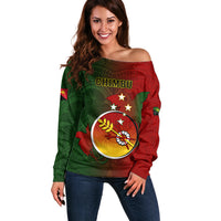 Personalized Papua New Guinea Chimbu Province Off Shoulder Sweater Mix Coat Of Arms Polynesian Pattern LT05 Women Red - Polynesian Pride