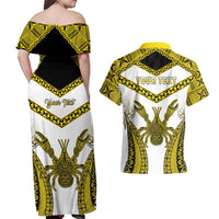 Personalised Niue The Rock Of Polynesia Couples Matching Off Shoulder Maxi Dress and Hawaiian Shirt Peniamina Gospel Day Yellow Version LT05 - Polynesian Pride