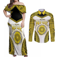 Personalised Niue The Rock Of Polynesia Couples Matching Off Shoulder Maxi Dress and Long Sleeve Button Shirt Peniamina Gospel Day Yellow Version LT05 Yellow - Polynesian Pride